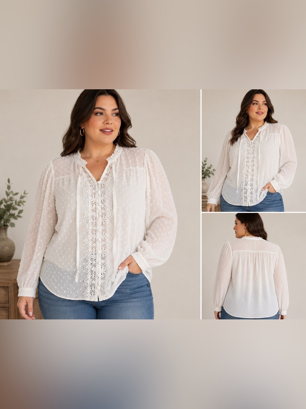 White Swiss Dot Lace-Trim Peasant Blouse - Women